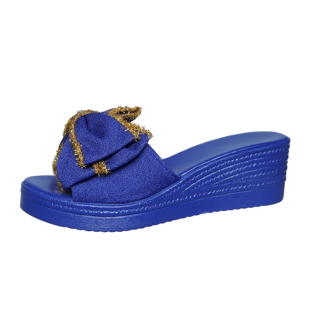 Sandalias de Cuña de las Mujeres Casuales Gold Fringe Bow Slide, Oro Sandalias Tacones Glitter Pescado Boca Verano