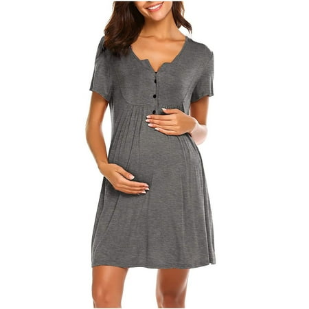 

Pregnant Women Summer Short-sleeve Breast-feeding Dress Versatile Solid Color V-neck Cotton Dress Casual Loose Button Nursing Dress for Maternity
