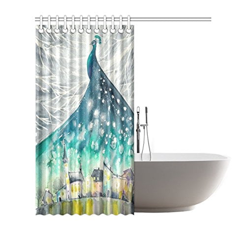 BSDHOME Watercolor Peacock Feather Shower Curtain Hooks 66x72 inches Blue  Green Turquoise Fabric Peacock in Christmas Winter Night Snow Sky Castles 