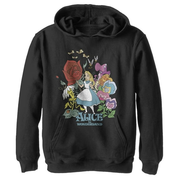 Boy's Alice in Wonderland Alice and The Talking Flowers Pull Over Hoodie Black Small
