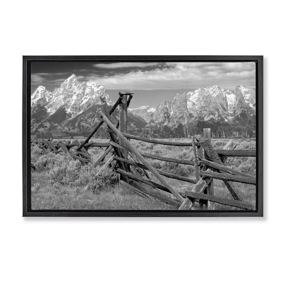 Grand Tetons Mountains & Fence Black Framed Floater Canvas Wall Art, design by MJ Photography