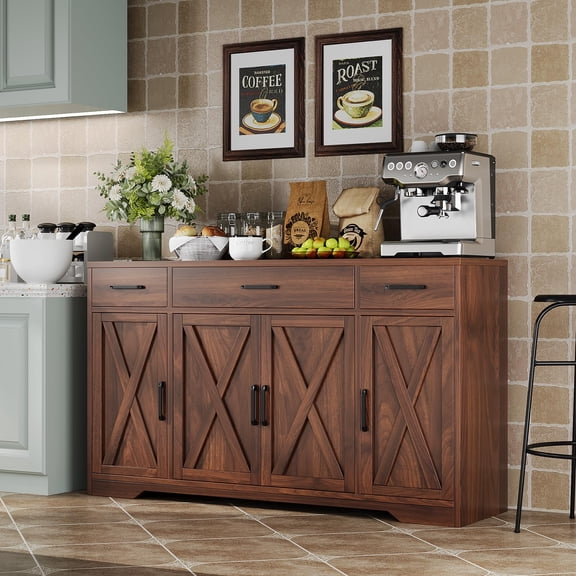 55 in Large Buffet Sideboard Cabinet with Storage 4 Doors and 3 Drawers Kitchen Storage Cabinet Coffee Bar Buffet Table for Dining Room, Living Room, Adjustable Shelf