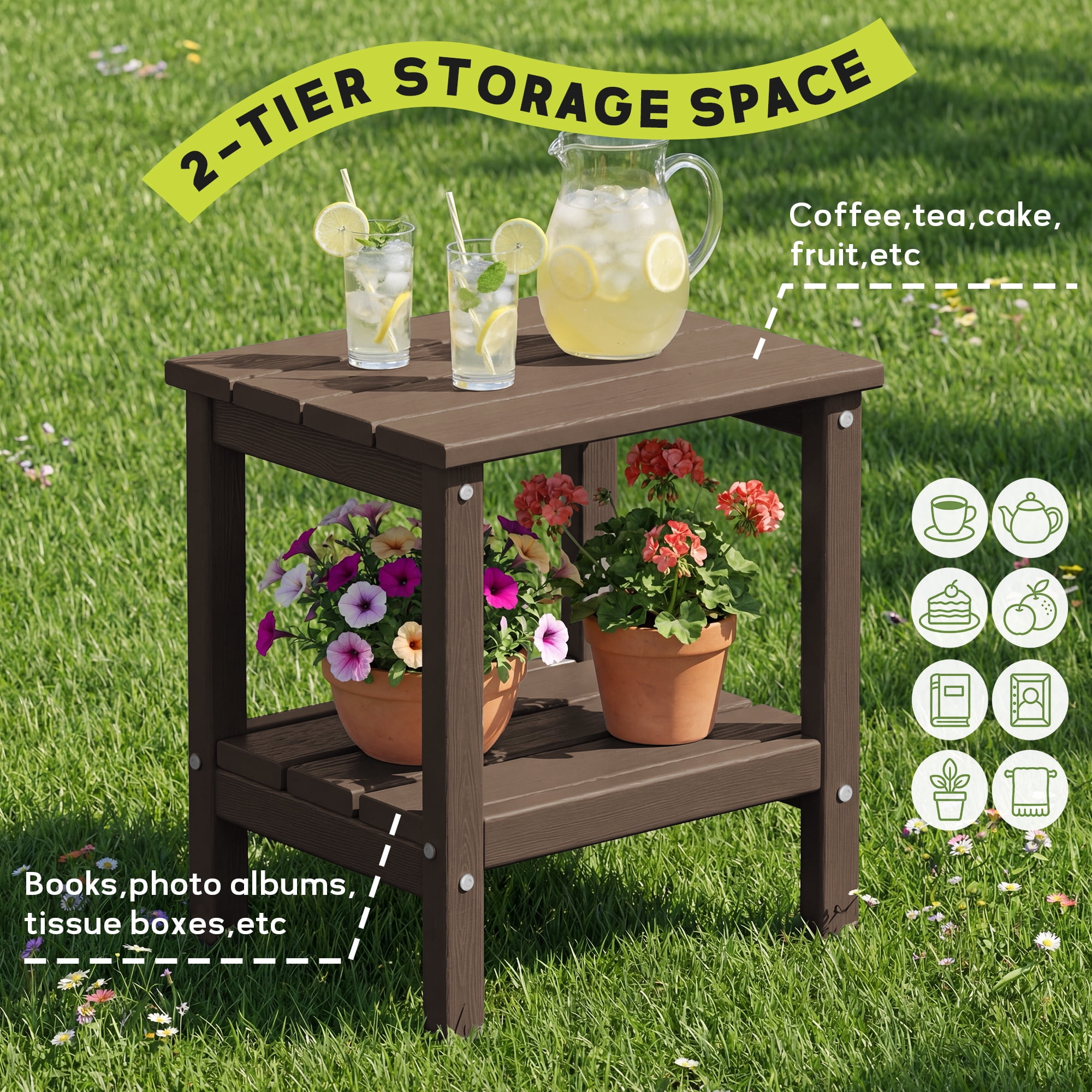 FUNDAZE HDPE 2-Layer End Table for Living Room, Outdoor Side Table, Patio Small End Table, Coffee