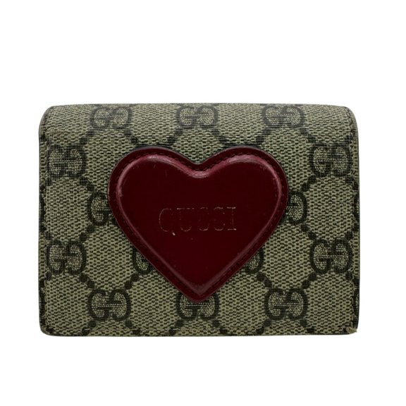 Pre-Owned GUCCI 648848 Heart Motif Compact Wallet GG Supreme Bifold Brown Women's