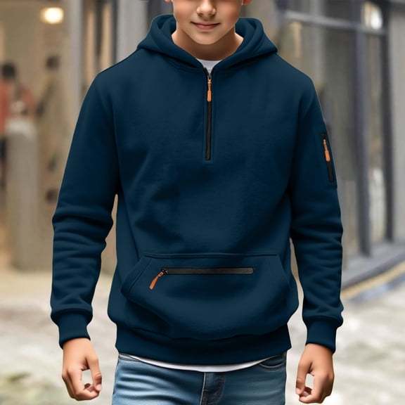 Generic Teen Boys Quarter Zipper Hoodies Casual Long Sleeve Hooded Sweatshirts Y2K Trendy Pullover Athletic Jacket with Zip Pockets