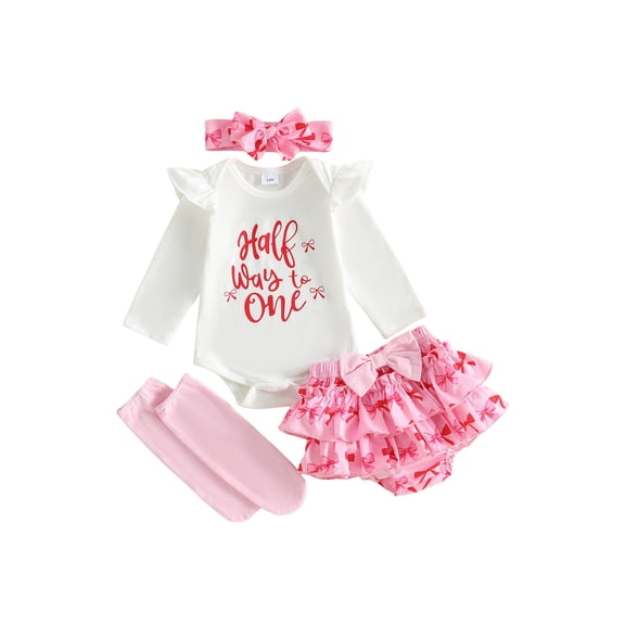 RUINIXCW Baby Girl Half Birthday Outfits Bow Long Sleeve Romper Layered Ruffled Shorts Stockings and Headband 4 Piece Fall Set