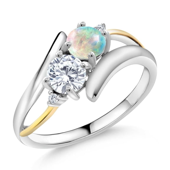 Gem Stone King 1.02 Ct Round Cabochon White Simulated Opal and Lab Grown Diamond Two Stone Crossover Ring for Women | 925 Silver and 10K Yellow Gold | Size 9