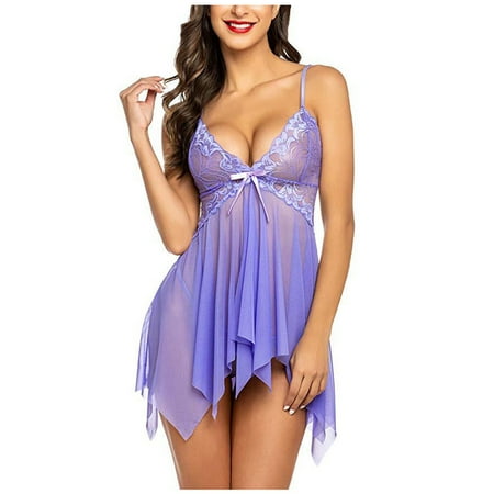 Nightgowns For Womenplus Size Lingerie Lace Babydoll Womens Strap Chemise Nightgown V Neck Nighty Mesh Sleepwear Side Slit Nightdress Purple XL