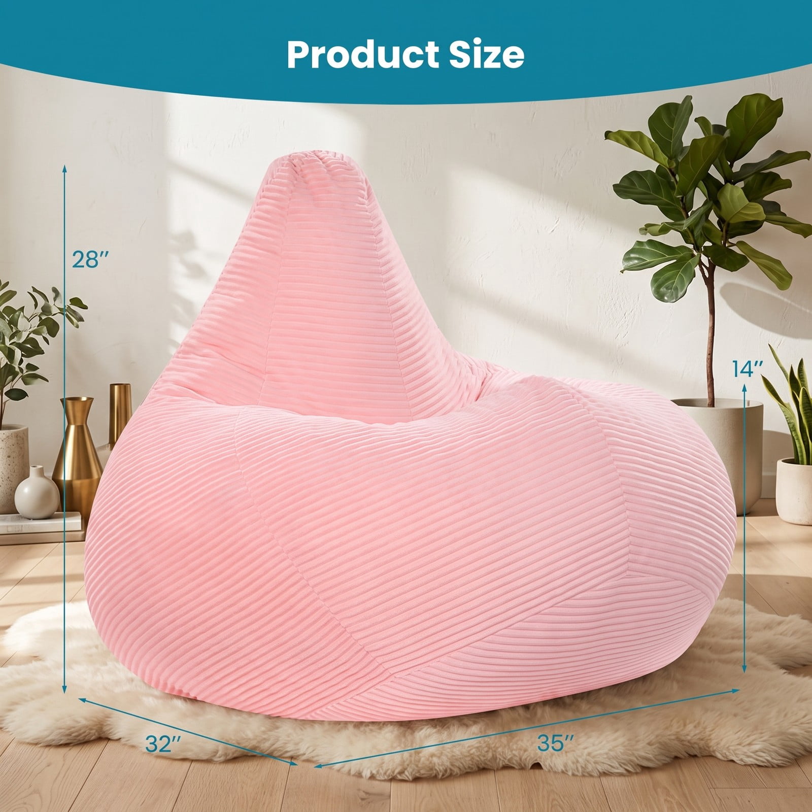 Furnibear Bean Bag Chair for Adults, Corduroy Lazy Lounger Accent Sofa with Soft Sponge Filling, Skin-Friendly Cover, Ergonomic Reading Gaming Seat for Bedroom, Pink