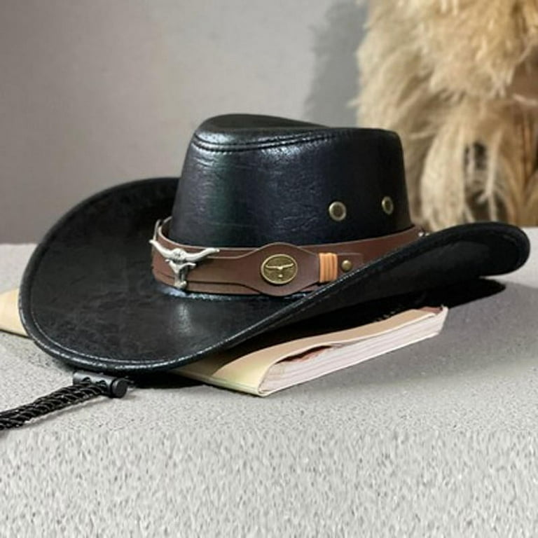 pinyuzog Vintage Western Cowboy Hat Ox Head Belt Rivet Fedora Hats for Men  Women Outdoor Travel Wide Brim Faux Leather Cowgirl Sun Caps - Walmart.com