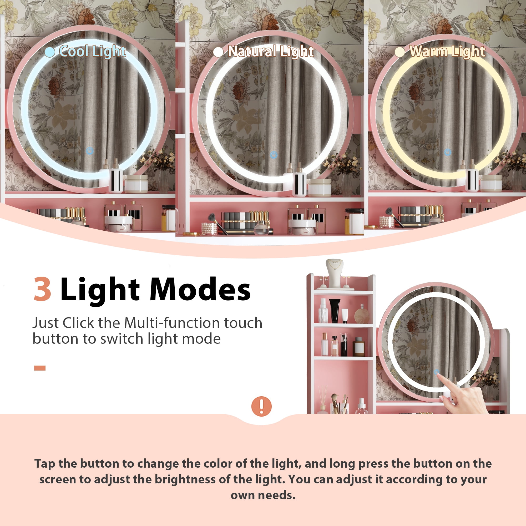 KULAGAGA Vanity Set with 3 Colors Touch Screen Dimming Mirror, Cushioned Stool, Storage Shelves, Makeup Organizer, 5 Drawers Makeup Vanity Desk , Dressing Table , Pink