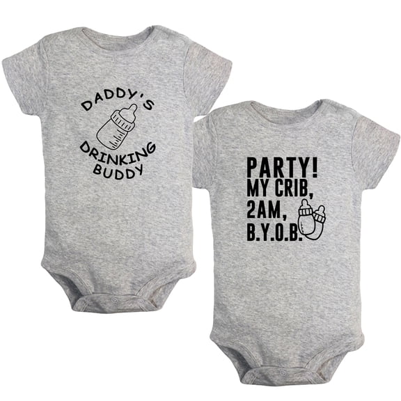 iDzn Pack of 2, Daddy's Drinking Buddy & PARTY MY CRIB 2AM Funny Rompers For Babies, Newborn Baby Unisex Bodysuits, Infant Jumpsuits, Toddler 0-24 Months Kids One-Piece Oufits