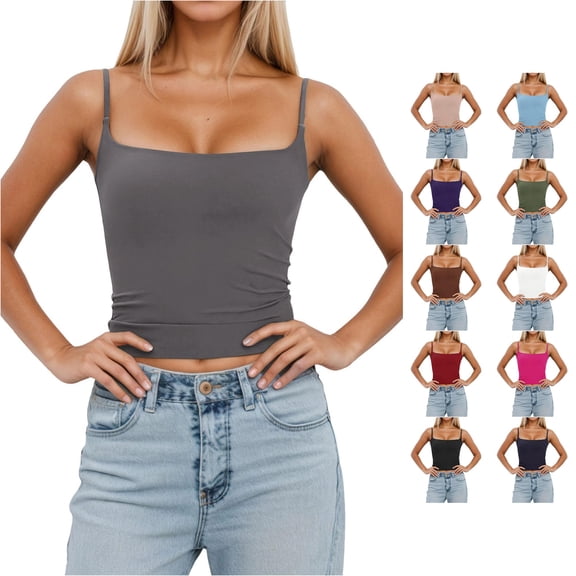 ZHOGXU Tank Tops For Women Spaghetti Strap Sleeveless Ribbed Solid Color Slim Fit Summer Camisole Basic Layering Tee For Casual Daily Wear,Grey,M