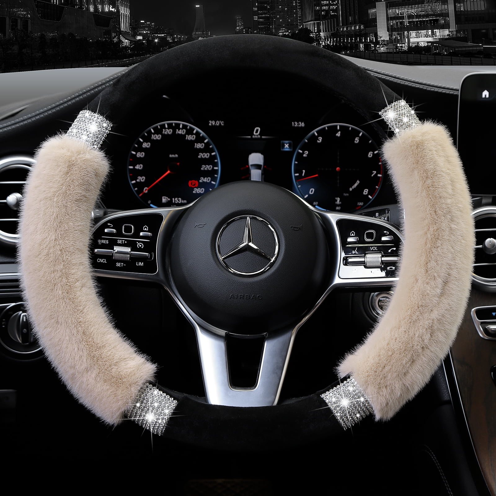 Achiou Universal Steering Wheel Cover Winter Women 15 Inch Luxurious Faux Wool and Bling Bling Rhinestone Fluffy Glam Vehicle Wheel Covers for Ladies Girls 