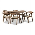 thumbnail image 2 of Baxton Studio Harland Mid-Century Modern Grey Faux Leather Upholstered and Walnut Brown Finished Wood 7-Piece Dining Set, 2 of 7