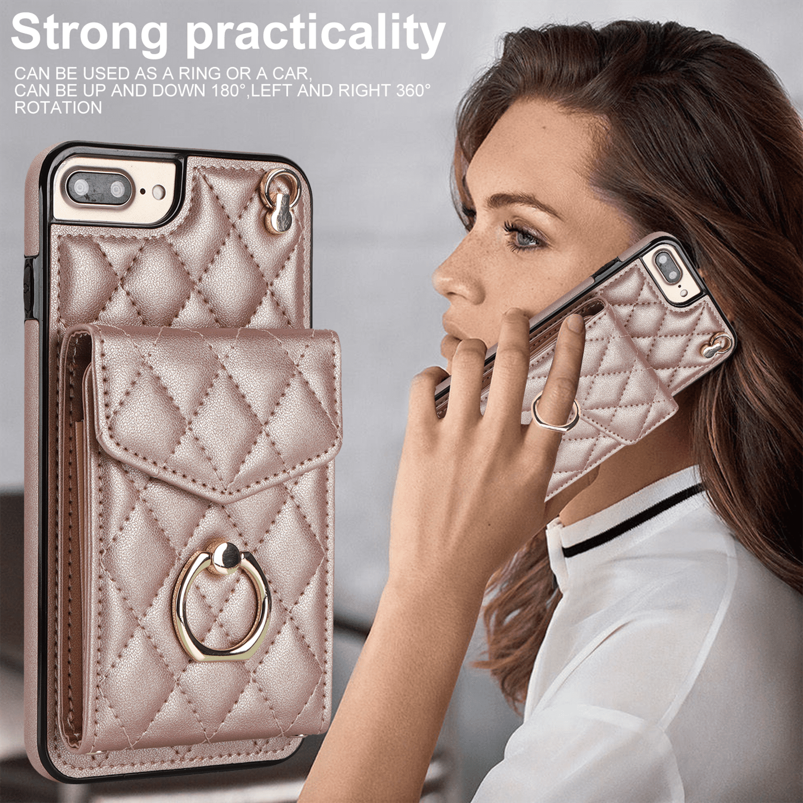 Asuwish Wallet RFID Blocking PU Leather Cell Phone Case with Tempered Glass Screen Protector, Wrist Strap for iPhone 7 Plus/8 Plus, Rose Gold
