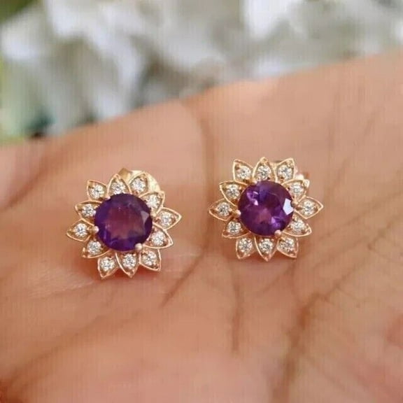 1.5ct Round Cut Amethyst Women's Halo Stud Earring 14K Yellow Gold Plated Silver