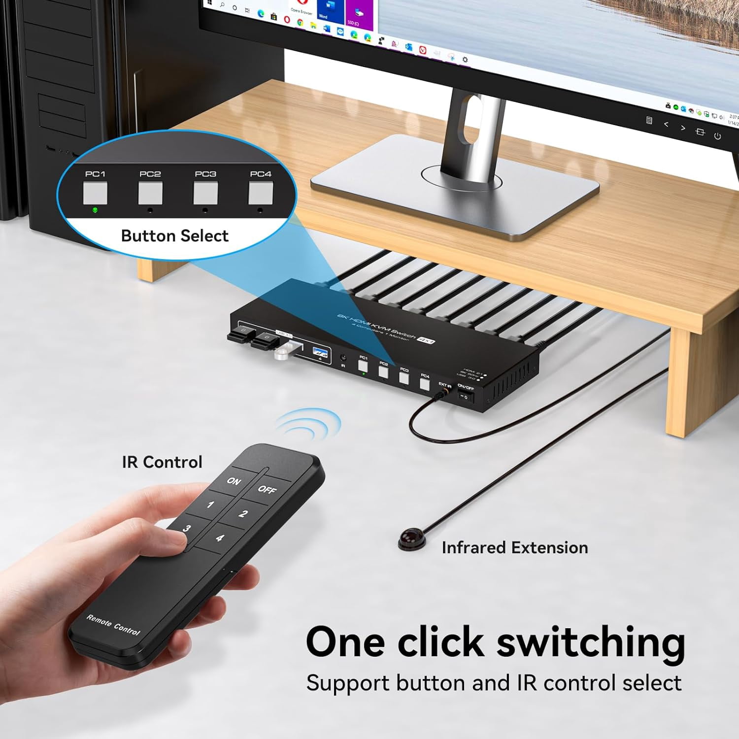 AUBEAMTO 8K@60Hz HDMI KVM Switch 4 Computers 1 Monitor USB3.0 4K120Hz 4 Ports HDMI KVM Switch 4 in 1 Out for 4 Computers Share 1 Monitor and Keyboard Mouse. with 4 USB Cable and Wireless Controller
