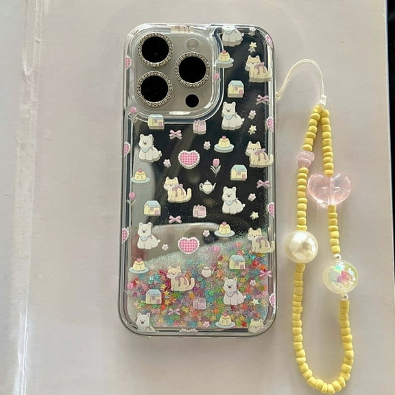 Glitter quicksand cute cat bow dog cartoon bow bracelet phone case for iPhone 15 Pro Max 12 13 14 11 Promax shiny cover