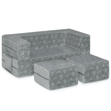 Serta Perfect Sleeper Convertible Sofa and Play Set - Modular Foam Couch and Flip Out Lounger with 2 Ottomans Grey