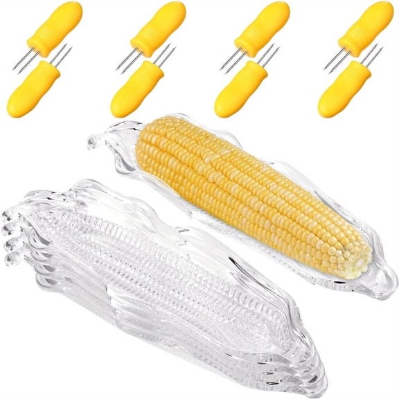 12 Pack Corn Cob Holders with Plastic Trays, Transparent Corn Dishes & Skewer Set, BBQ Dinnerware Service Tray for Home and Outdoor Use