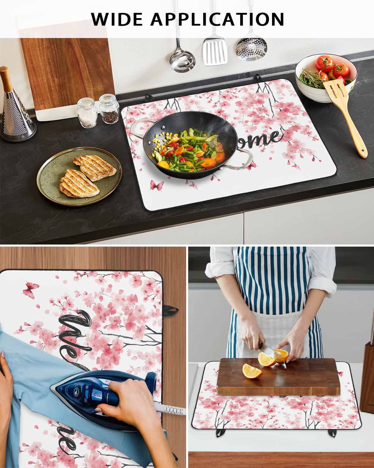 nqOlkjepod Large Induction Cooktop Protector Mat 24"x21", Cherry Blossoms Stove Top Covers for Electric Stove, Butterfly Pink Flower Pastoral Spring Stove Burner Cover Mats, Glass Top Stove Cover