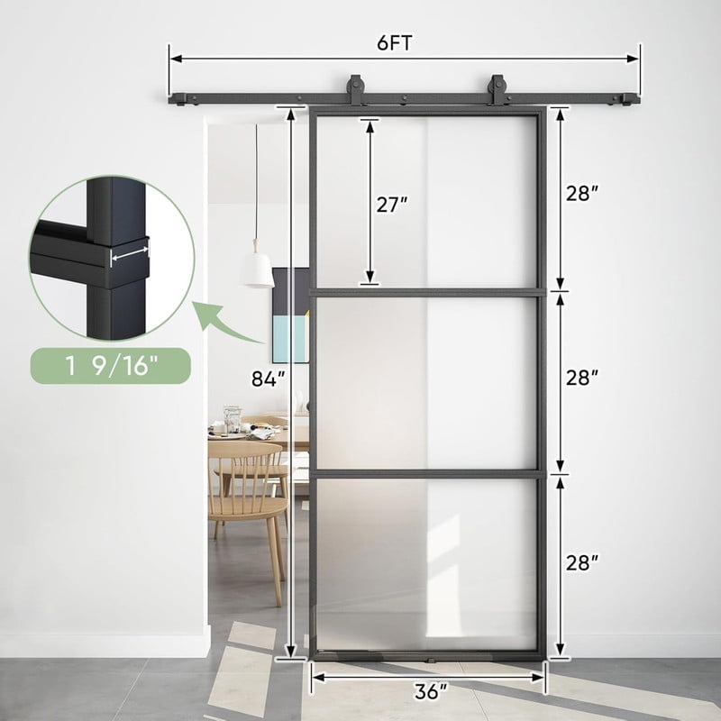 Easy4Home 36"x84" Frosted Glass Sliding Barn Door with Track and Hardware Kit