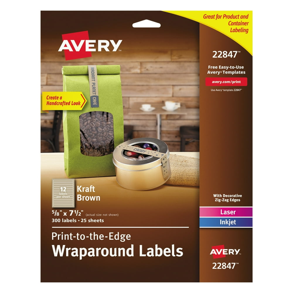 Avery PrinttotheEdge Kraft Brown Wraparound Labels, 5/8 x 7 1/2, 300