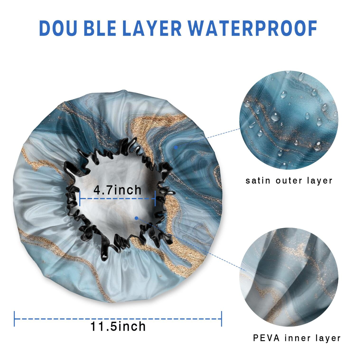 Shower Caps,Blue Marble Gold Wave Pattern Waterproof Shower Cap for Women 4 Pieces,Double Reusable Hair Cover for Shower PEVA Elastic Stretch Hem