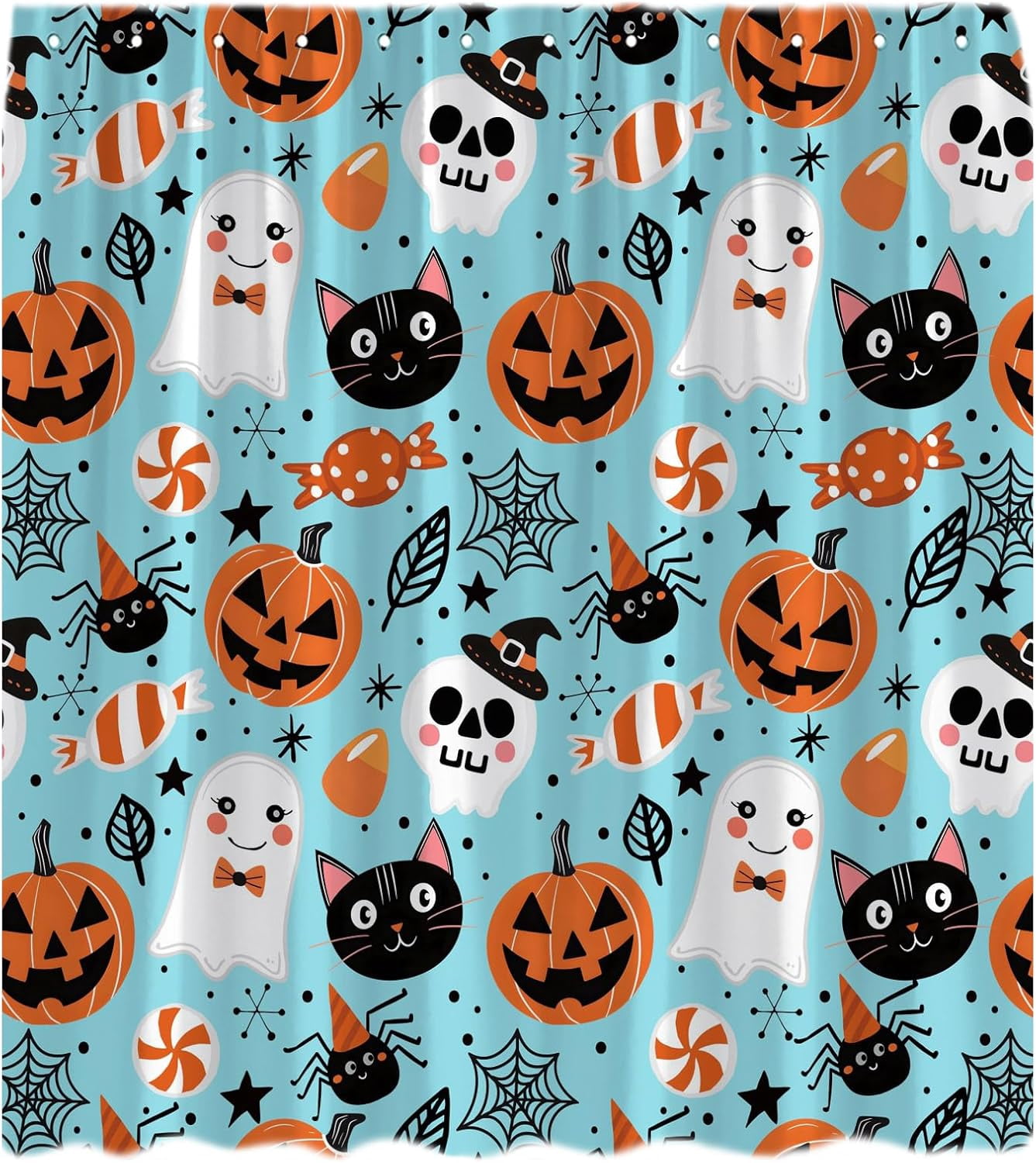 Happy Halloween Shower Curtain Cute Cartoon Pumpkin Spooky Ghost Orange Pumpkin Head Icons Funny Black Cat Spider‘s Web Skull Skeleton Witch Hat Fabric Bath Curtain Set with Hook