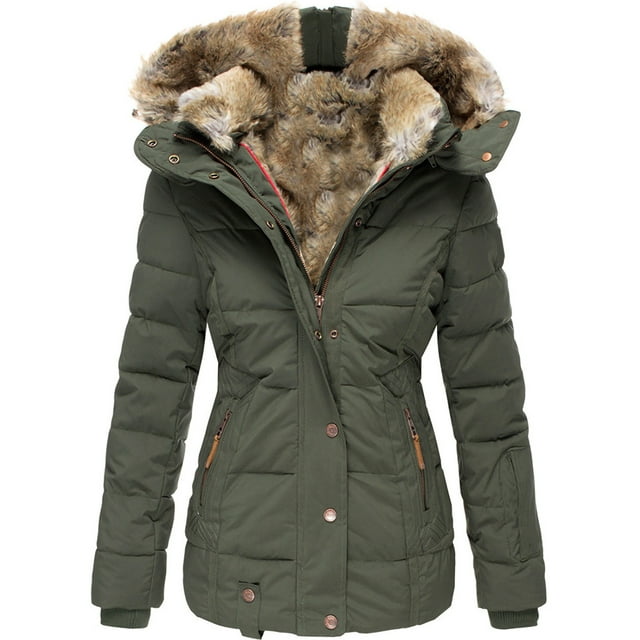 Fashnice Women Coat Solid Color Outwear Front Zip Thickened Jacket Slim Fit Work Hooded Coats Army Green M