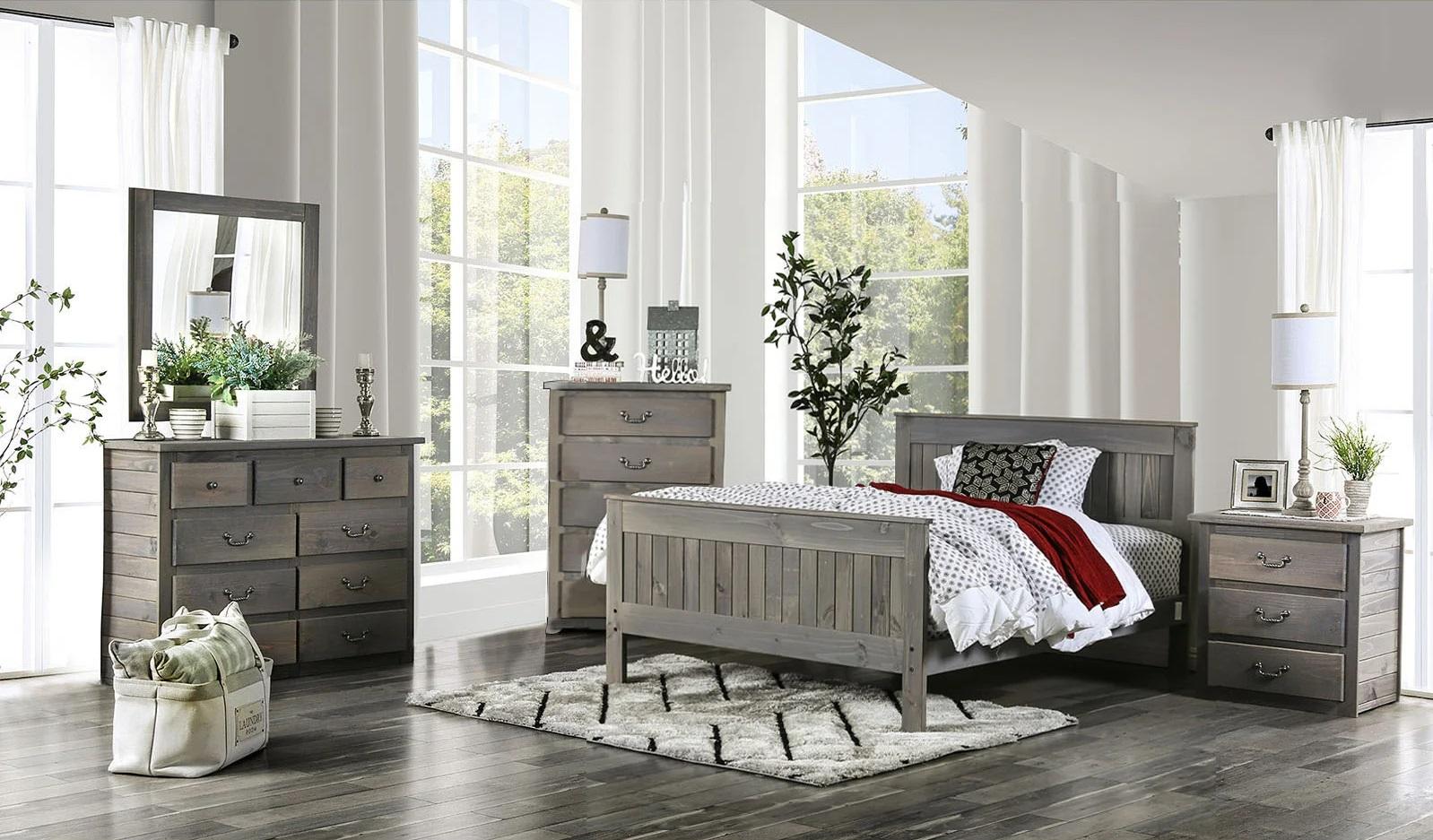 Rustic Weathered Gray Pine Wood Full Bedroom Set 5pcs FOA AM7973