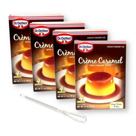 Dr. Oetker Creme Caramel with Caramel Sauce Instant Dessert Mix 3.7 Oz. X 4 with Mini Stainless Steel Whisk (5-Piece Set)