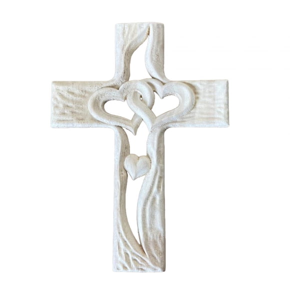 simhoa Carved Wood Cross Intertwined Heart Holy for Tabletop Valentines Day Wedding Large White