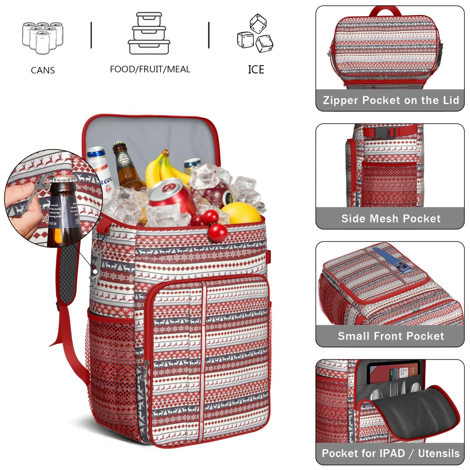 Travel Cooler Bag - Red Christmas Deer and Snowflake Pattern Camping Beer Cooler Backpack with Bottle Opener- Waterproof Insulated Picnic Backpacks - Cooler Bag for Beach