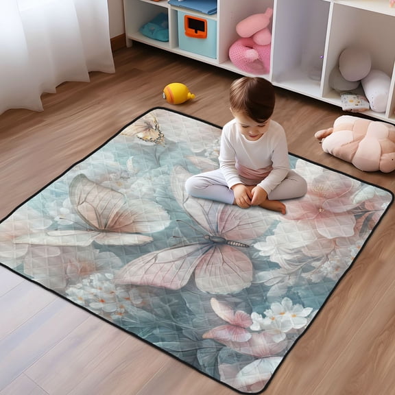 WOBOGO Pink and White Butterfly Baby Playmats Extra Large Waterproof Rollable Activity Pads for Toddlers 50×50inch