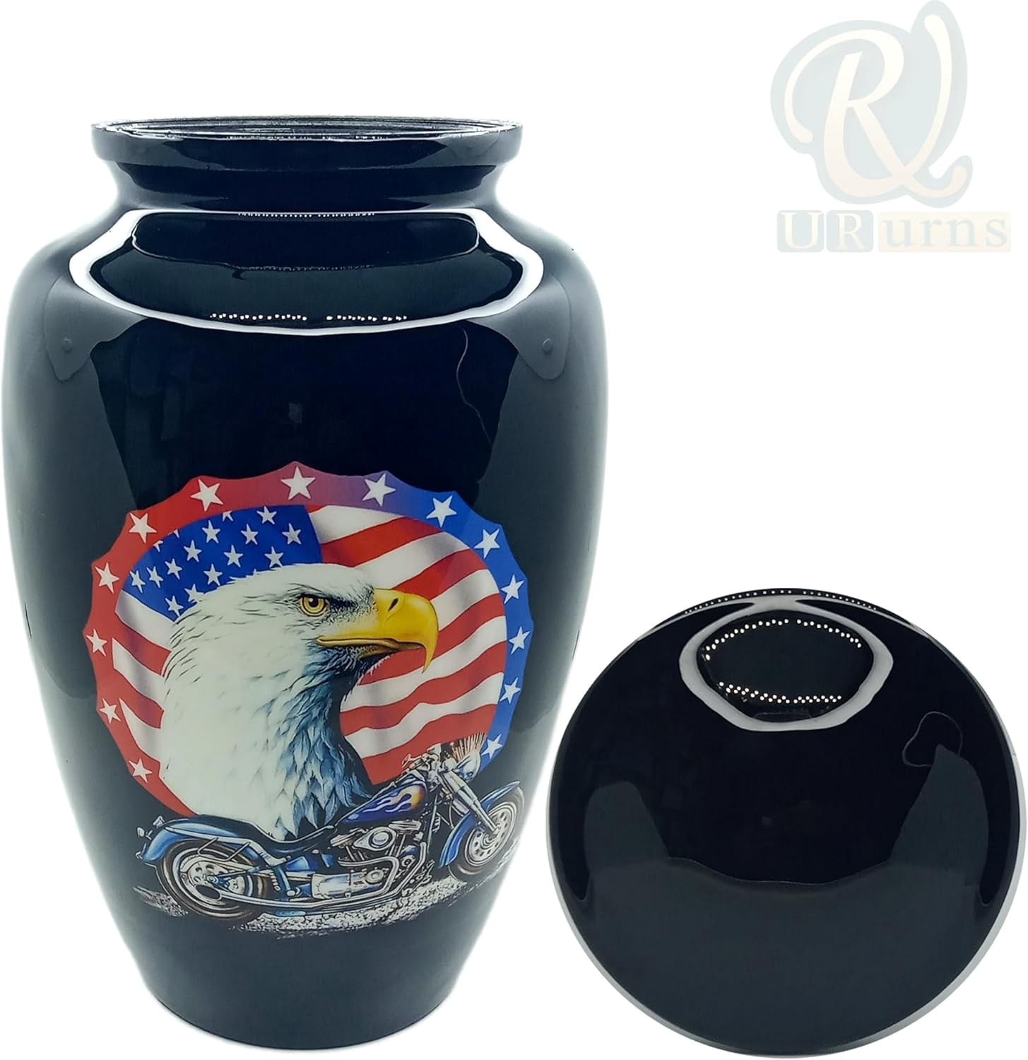 UR Cremation Urns- US Flag Eagle with Harley Davidson Bike Adult Urn –Best Urn for Human Ashes – Funeral Urn (Adult (200 lbs) – 10.5 x 6 “, US Flag Eagle Bike Cremation Urn)