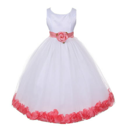 Little Girls White Coral Floral Petals Organza Sash Flower Girl Dress (Best Makeup For White Dress)