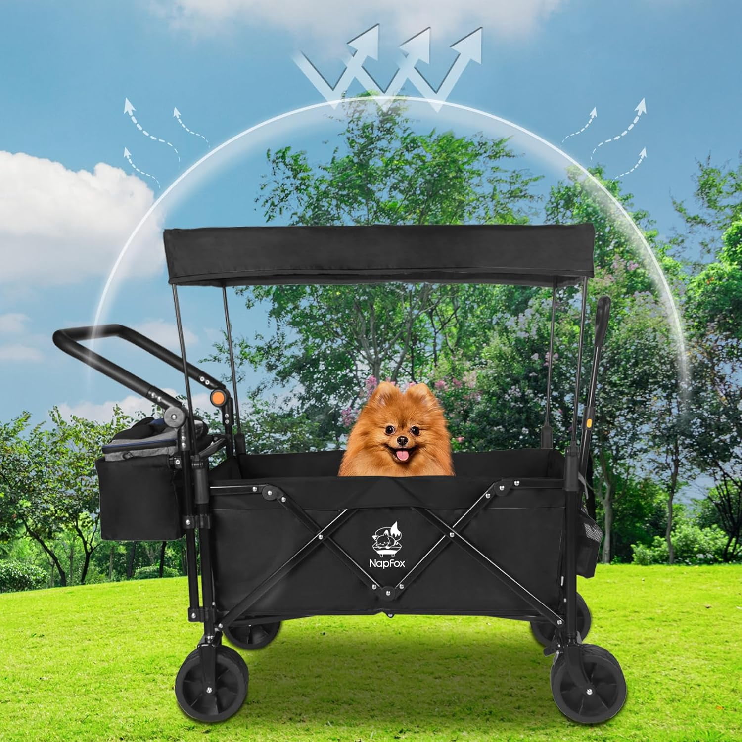 Collapsible Wagon Heavy Duty Folding Wagon Cart with Removable Canopy, 4" Wide Large All Terrain Wheels, Brake, Adjustable Handles, Cooler Bag Utility Carts for Outdoor Garden