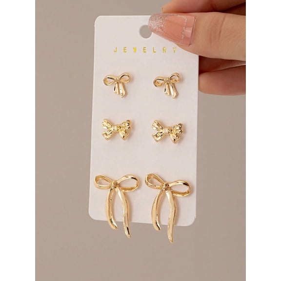 3 Pairs Gold Bow Stud Earrings Set For Women Fashion Jewelry Accessories