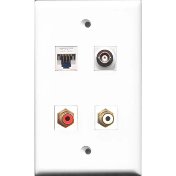 RiteAV - 1 Port RCA Red and 1 Port RCA White and 1 Port BNC and 1 Port Cat5e Ethernet White Wall Plate