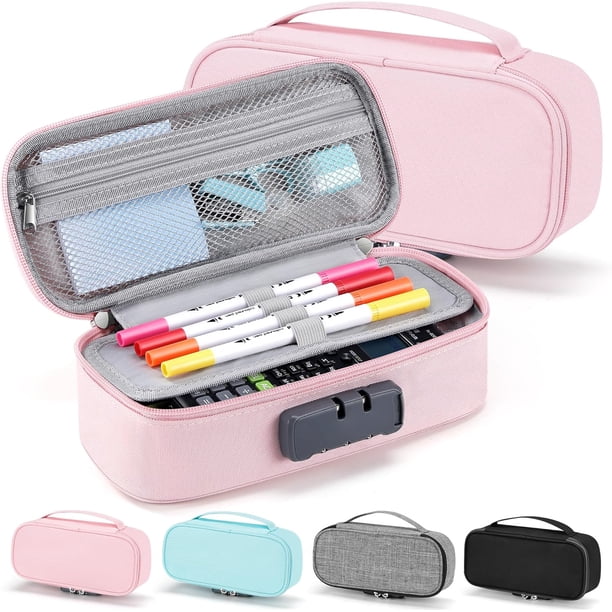 Estuche Zannaki con cerradura para niños y niñas, suave y de gran capacidad, con asa, ideal para útiles escolares, bolígrafos, papelería, organizador para niños, adolescentes y adultos, color negro.