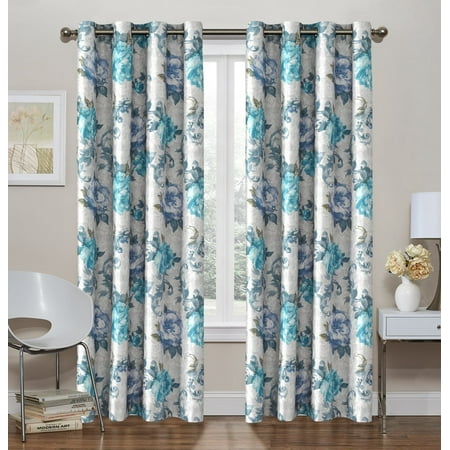 2 Pack: Regal Home Collections Decor Energy Efficient Floral Thermal Foamback Grommet Curtains - Blue