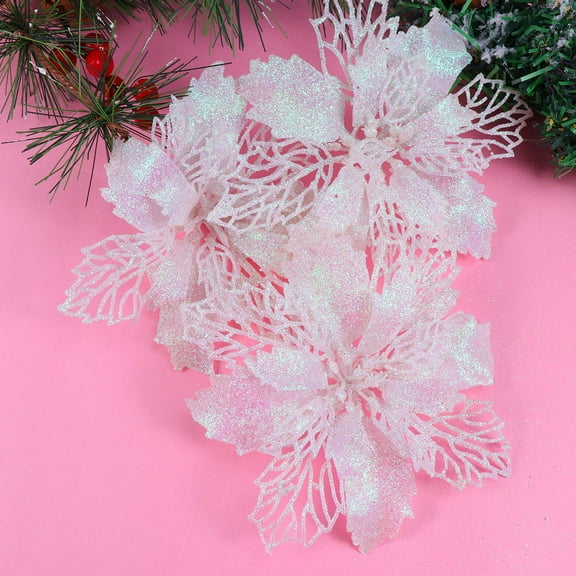 ORDDIART 12Pcs Glitter Poinsettia Flowers for Christmas Tree Decorations White Festive Sparkle