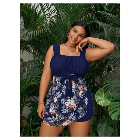 Plus Size Tankini Swimsuit - Navy Tropical Print Two Piece Bathing Suit for Women - Tummy Control Swimwear with Adjustable Tie Waist - Modest Swimsuit for Beach and Pool