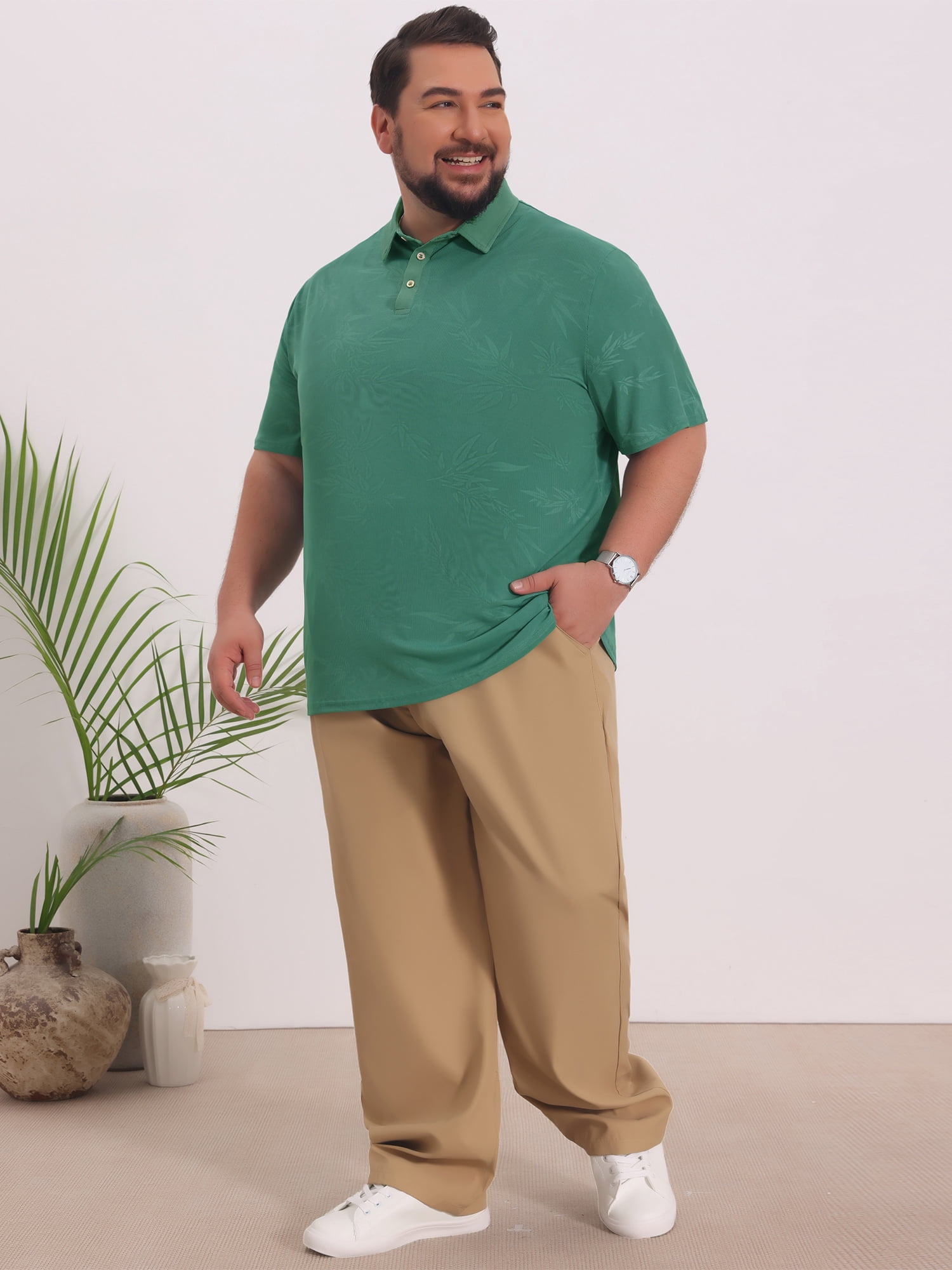 DARING DIVA Men's Big Tall Leaf Printed Short Sleeve Casual Polo Shirts 2XL Green