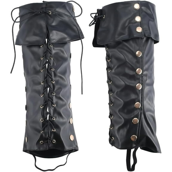 2Pcs Medieval Covers Black PU Leather Leg Guards Leather Pirate Boots Wraps Vintage Renaissance Knight Leg Gaiters Costume Accessories for Carnival Warrior Cosplay