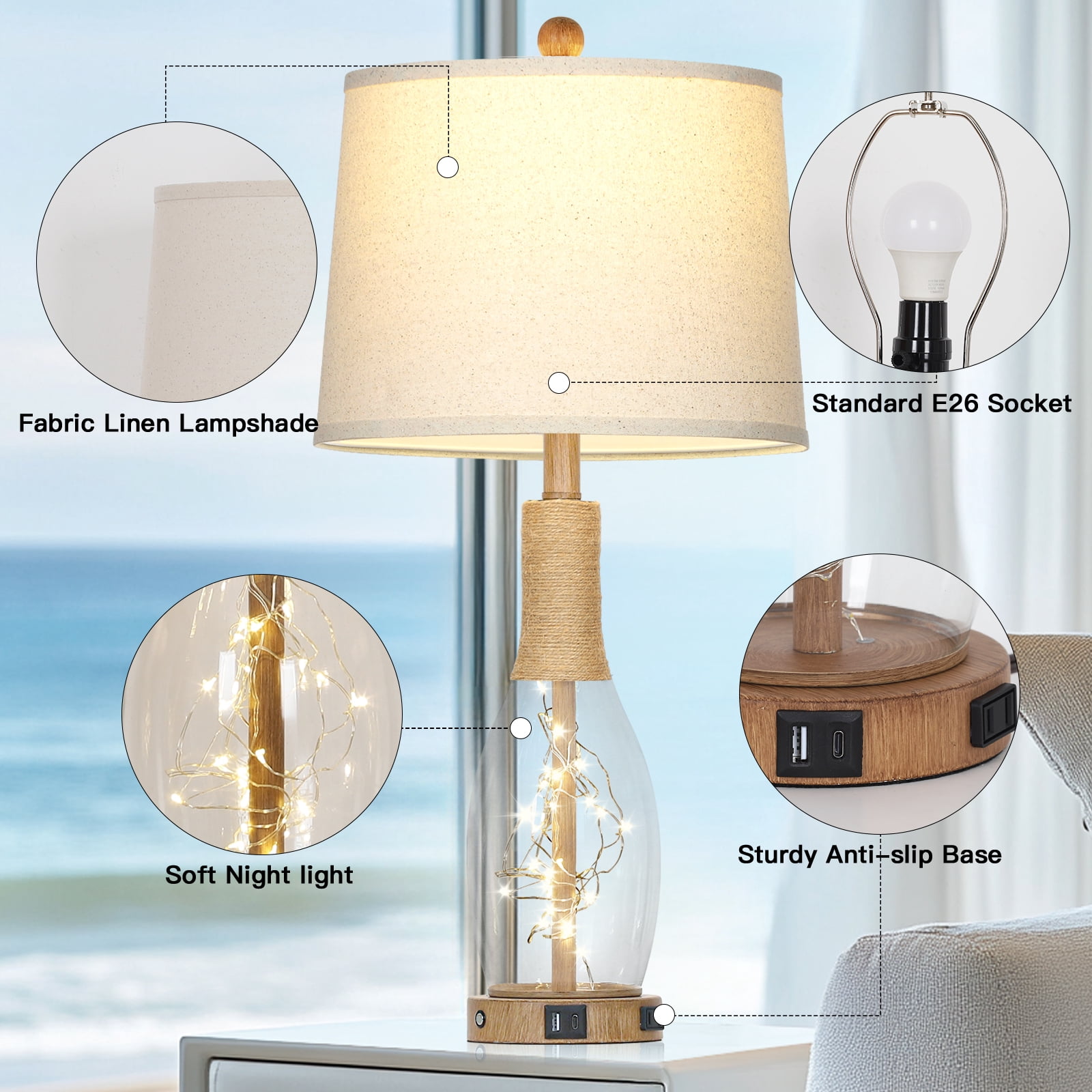 Cinkeda Table Lamps Set of 2 for Living Room Bedroom 27" Tall Boho Modern 3 Way Dimmable Touch Bedside Nightstand Lamp with USB C+A Ports AC Outlet Nightlight Rattan Rope Glass