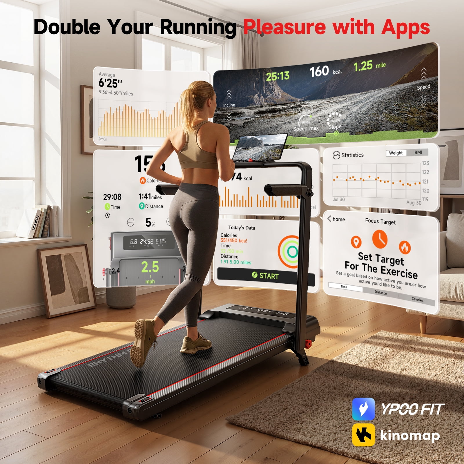 RHYTHM FUN Walking Pad with Incline, Foldable Walking Pad Treadmill with Handle, No Assembly Required & 300 lbs Capacity for Home & Office