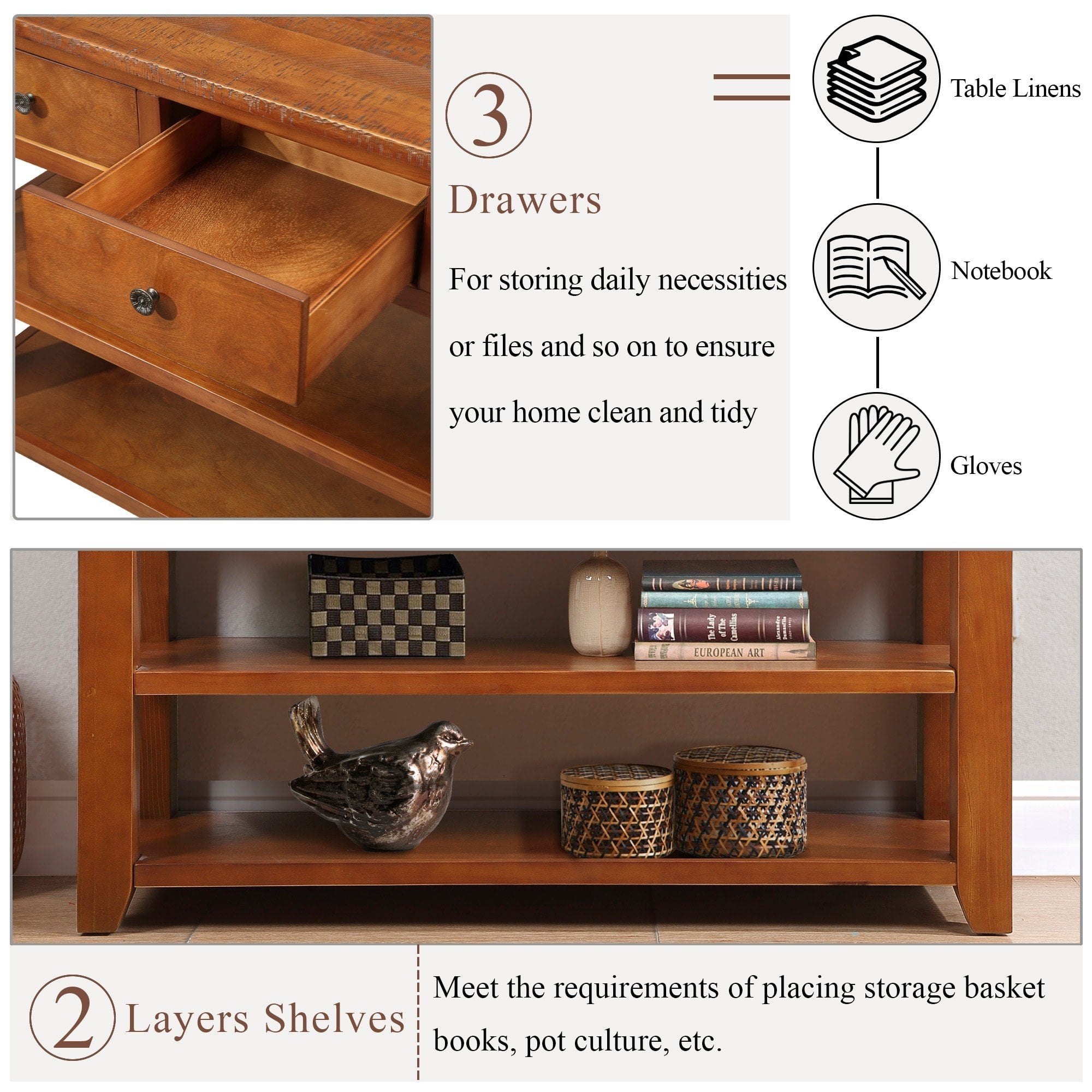 48" Solid Wood Console Table with Drawers and Shelves, Sofa Couch Entryway Table for Hallway, in Brown